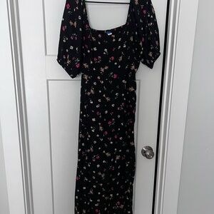 Old Navy Black Floral Midi Dress with Pink and Cream Accents